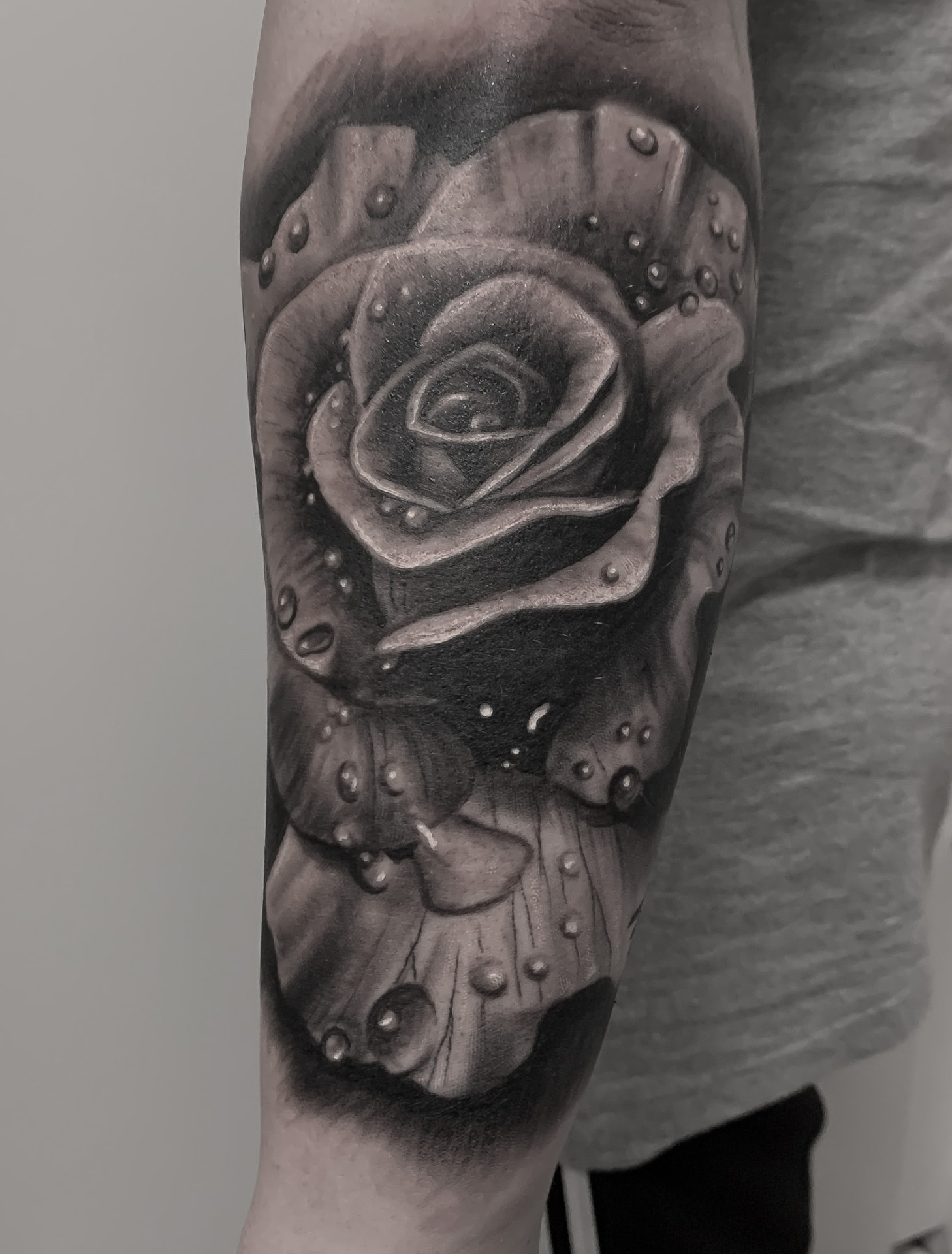 Black and grey tatovering af realistisk rose med dugdråber på underarm