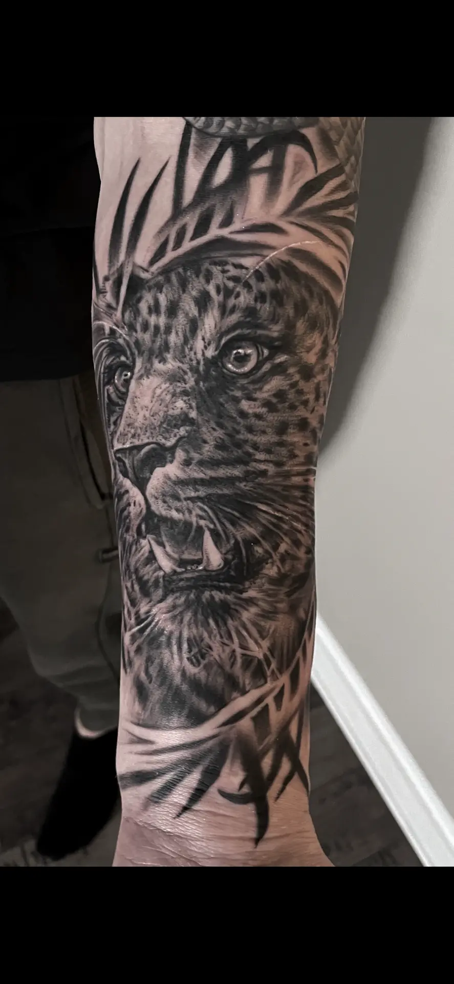 Black and grey sleeve med brølende leopard mellem palmeblade