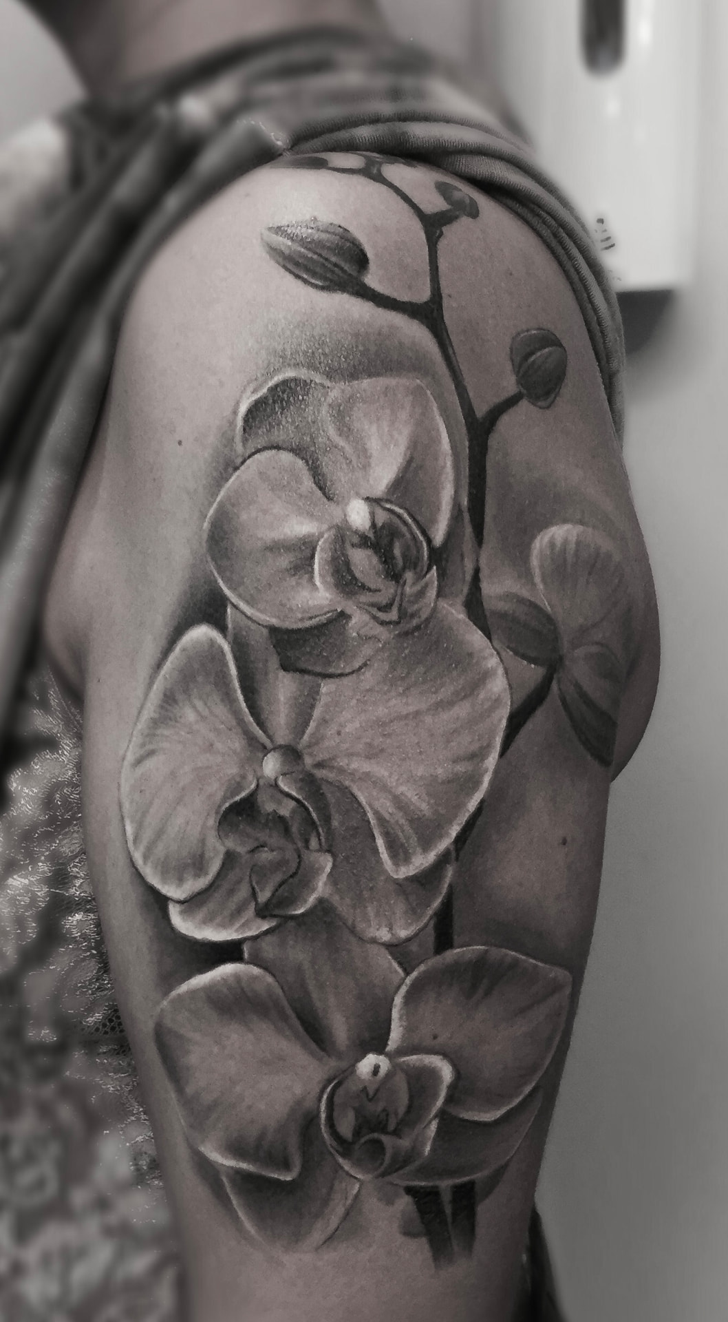 Black and grey tatovering af realistiske orkideer på overarm og skulder