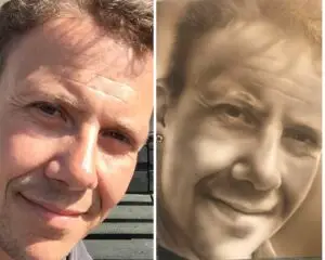 Før- og efterbillede af mand – originalt foto og airbrush-maleri i sepia-toner