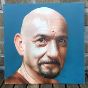 Realistisk Ben Kingsley airbrush-portræt malet af Tattoo Mini – detaljeret mandeportræt på lærred