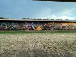 Farverigt vægmaleri med kvindeansigt og abstrakte elementer,Roskilde festival