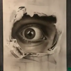 Realistisk øje kigger gennem iturevet væg- airbrushmaleri