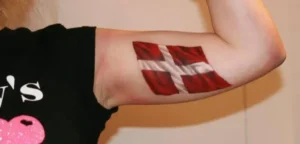 Danish flag. Flag tattoo. Boxergirl representing Denmark. Red and White