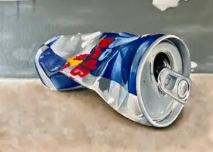 Olie Maleri af af en sammenkrøllet Red-Bull dåse på gulv. Af Tattoo Mini