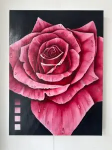 Hyperrealistic oil painting, of a pink rose with water droplets and a color gradient scale.