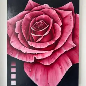 Hyperrealistic oil painting, of a pink rose with water droplets and a color gradient scale.