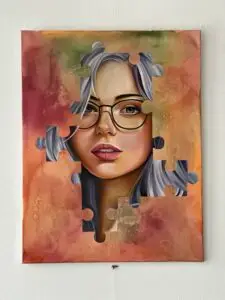 Colorful oilpainting of a womans face emerging through puzzle piece cutouts, against a warm abstract background.Tattoo Mini