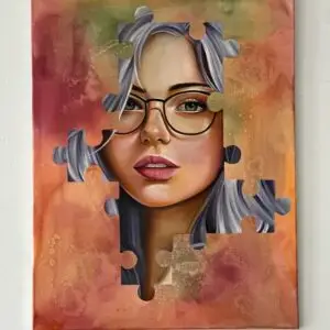 Colorful oilpainting of a womans face emerging through puzzle piece cutouts, against a warm abstract background.Tattoo Mini