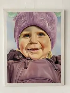 Photorealistic painting of a smiling beautyful young child in a purple winter outfit and a knitted hat with animal ears, set against a light blue sky.
