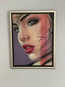 Portrait oil painting of a woman with piercing blue eyes and red lips, overlaid with vertical color blocks in reddish tones and loose hair strands across her face.