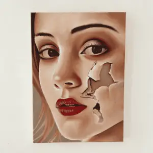A surrealist painting of a woman's face with realistic features, including deep red lips and expressive eyes.