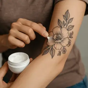 Efterbehandling af tatovering - påføring af creme på frisk blomstertattoo