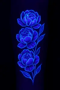 UV-tatovering med blå blomster i mørke – Tattoo Mini København, specialist i realistiske tatoveringer