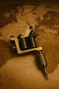 Tatovør rundt om i verden .Tatovørmaskine placeret på gammelt verdenskort som symbol på international erfaring hos tattoo Mini