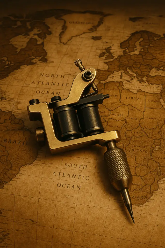 Tatovør rundt om i verden .Tatovørmaskine placeret på gammelt verdenskort som symbol på international erfaring hos tattoo Mini