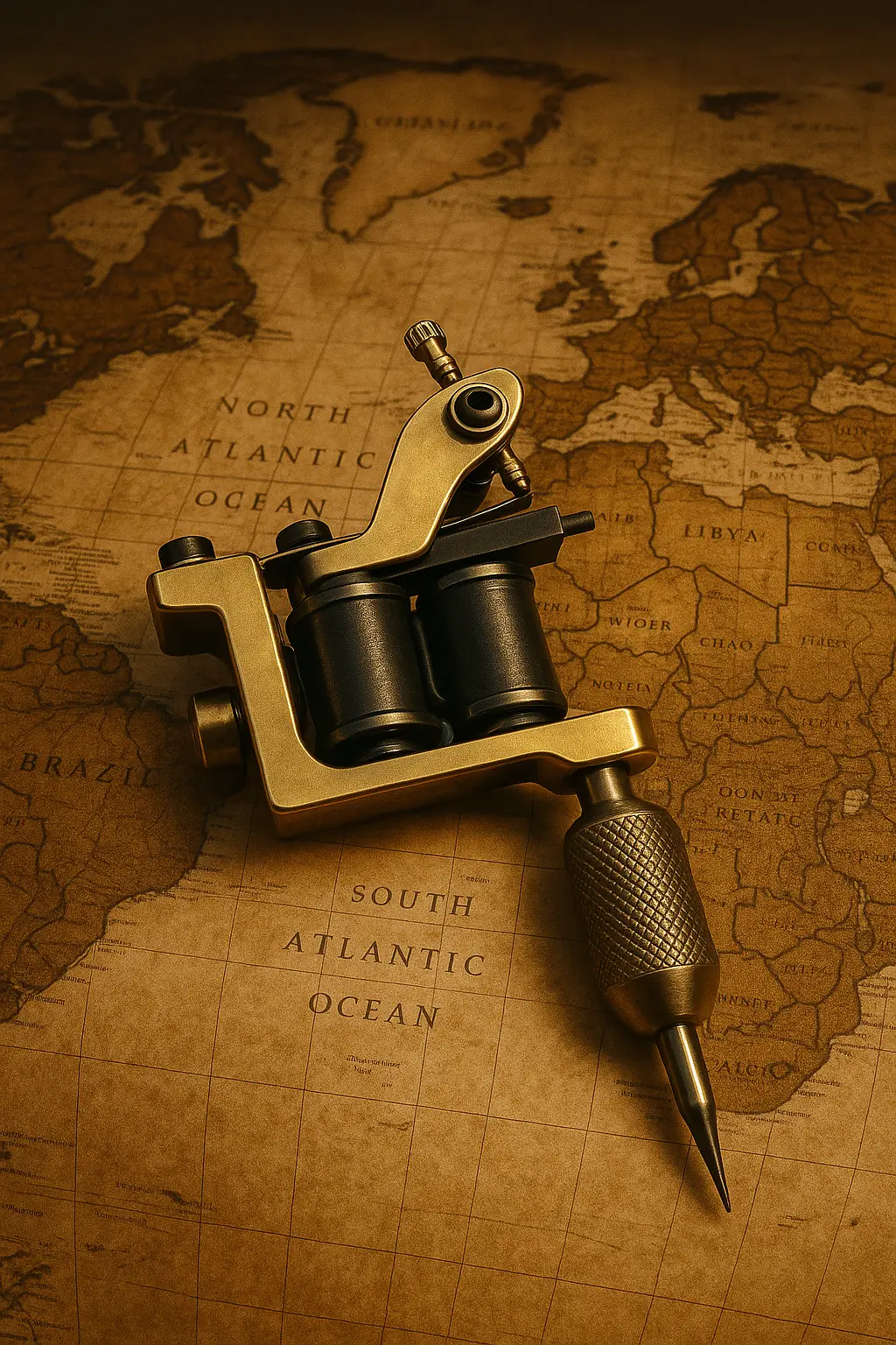 Tatovør rundt om i verden .Tatovørmaskine placeret på gammelt verdenskort som symbol på international erfaring hos tattoo Mini