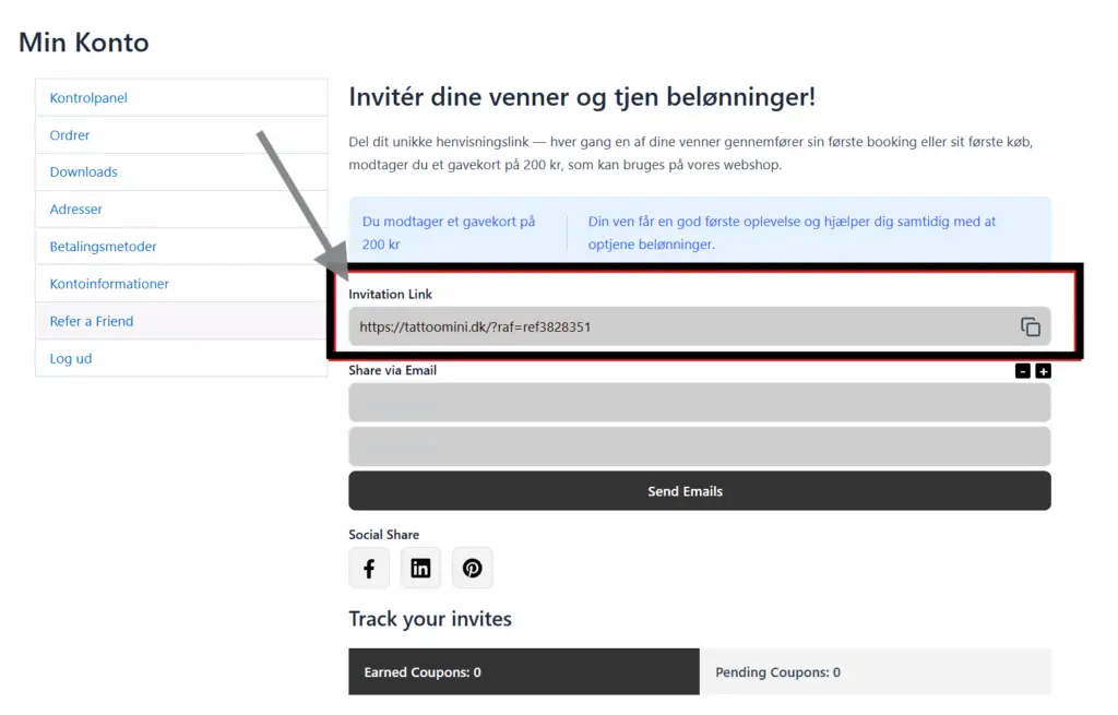 Tattoo Mini belønningsprogram – del dit invitation link og få 200 kr. gavekort.