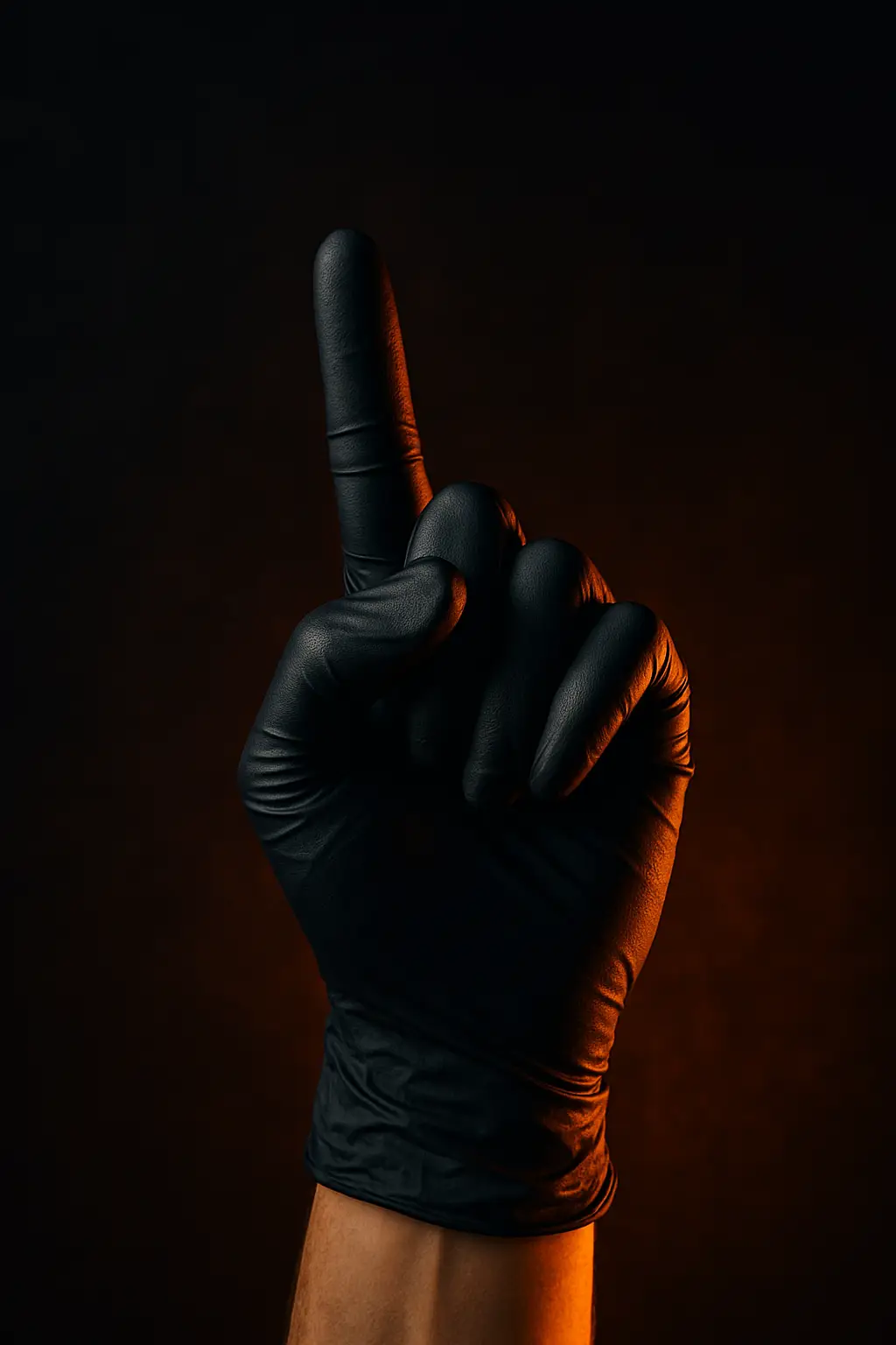 Gode råd - Til en god tatovering .Sort latexhandske peger opad med én finger – symbol på præcision og fokus under tatovering hos Tattoo Mini