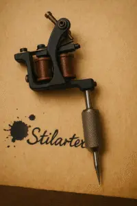Tattoomaskine der ligger på et træbord oven på gammelt papir med ordet ‘Stilarter’ skrevet med håndskrift og blækpletter – symbol på tatoveringskunst og forskellige tattoo styles.Fra Tattoo Mini