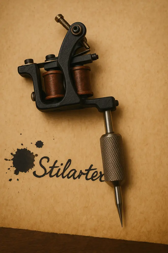 Tattoomaskine der ligger på et træbord oven på gammelt papir med ordet ‘Stilarter’ skrevet med håndskrift og blækpletter – symbol på tatoveringskunst og forskellige tattoo styles.Fra Tattoo Mini