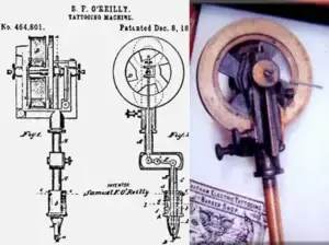 Patenttegning og foto af Samuel O’Reillys første elektriske tattoomaskine fra 1891, som revolutionerede moderne tatovering. Fra tattoo mini