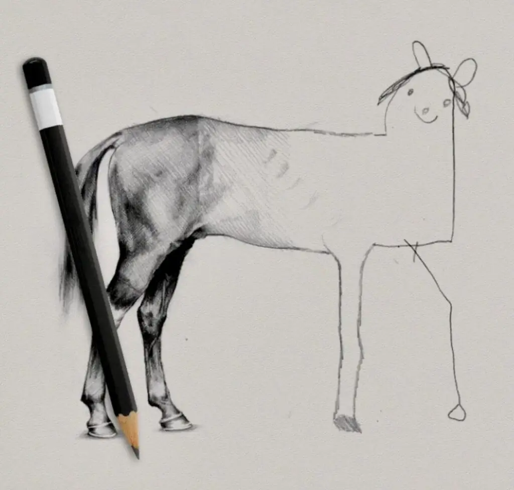 Illustration af håndtegnet skitse og realistisk tegning, der viser forskellen på idé og færdig tatovering – pris på tatovering afhænger af detaljer og håndværk. Tattoo Mini.