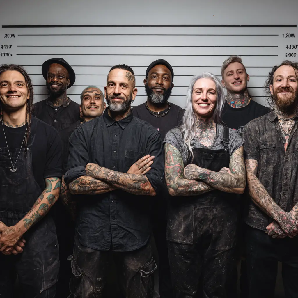 Hvordan vælger man den rigtige tatovør .Gruppe af professionelle tatovøre, med tatoverede arme, stående på række i line up stil. Specialister i Black n Grey realistiske tatoveringer i københavn