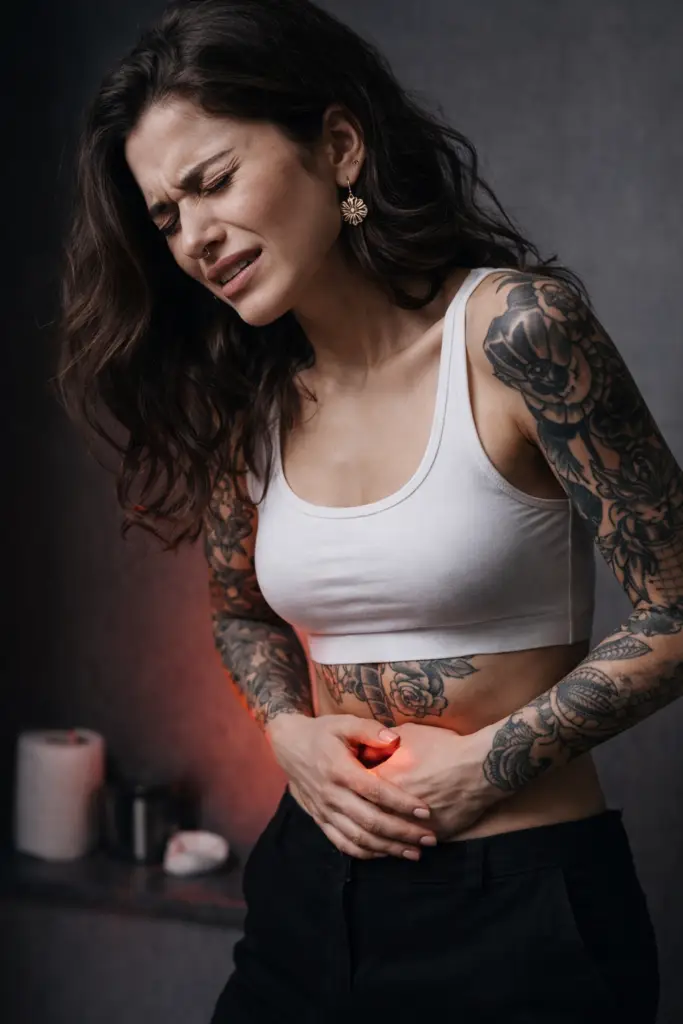 Kvinde med tatoveringer der oplever menstruationssmerter og holder sig om maven før tatovering. Tattoo & menstruation Fra Tattoo Mini