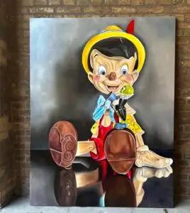 Oliemaleri af Pinocchio i moderne fortolkning, malet på lærred med realistiske detaljer og mat overflade, malet af Tattoo Mini