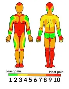 Smertekort for tatovering – illustration af kroppen forfra og bagfra, der viser hvilke områder der gør mindst og mest ondt at blive tatoveret, angivet med farveskala fra grøn til rød. Tattoo Mini