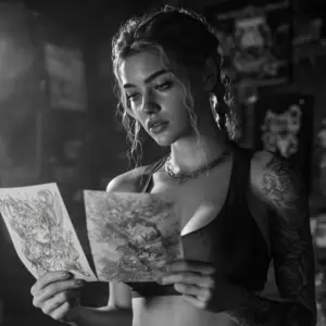 Tattoo design. Motiv og mening.Pige i tattoo shop der står og vælger mellem to tatoveringsdesigns – symbol på valget mellem kvalitet og billig tatovering. Tattoo Mini