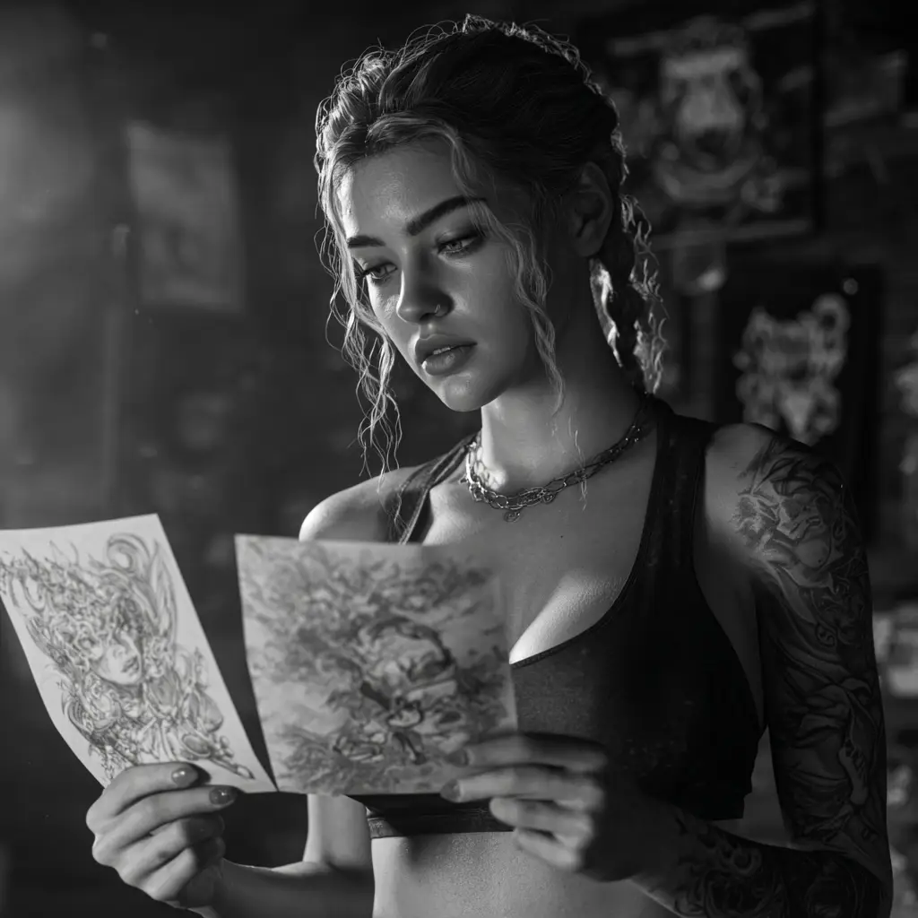 Tattoo design. Motiv og mening.Pige i tattoo shop der står og vælger mellem to tatoveringsdesigns – symbol på valget mellem kvalitet og billig tatovering. Tattoo Mini