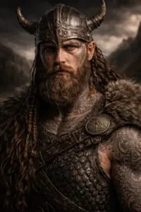 Vikingernes brug af tatovering. Fotorealistisk portræt af tatoveret vikinge kriger i dramatisk nordisk landskab med ornamentale nordiske tatoveringer. Af Tattoo Mini