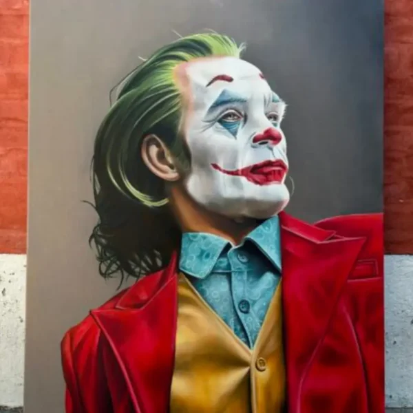 Farverigt oliemaleri af Joker-figuren på lærred